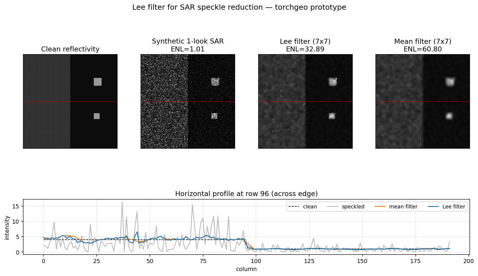 Lee filter demo: noisy SAR-like input vs. filtered output, showing speckle reduction with edge preservation.